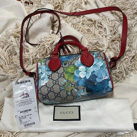 GUCCI GG Mini Blooms 2 Way Bag 546312 GG Supreme Brown/Red/Blue NEW - Picture 1 of 12